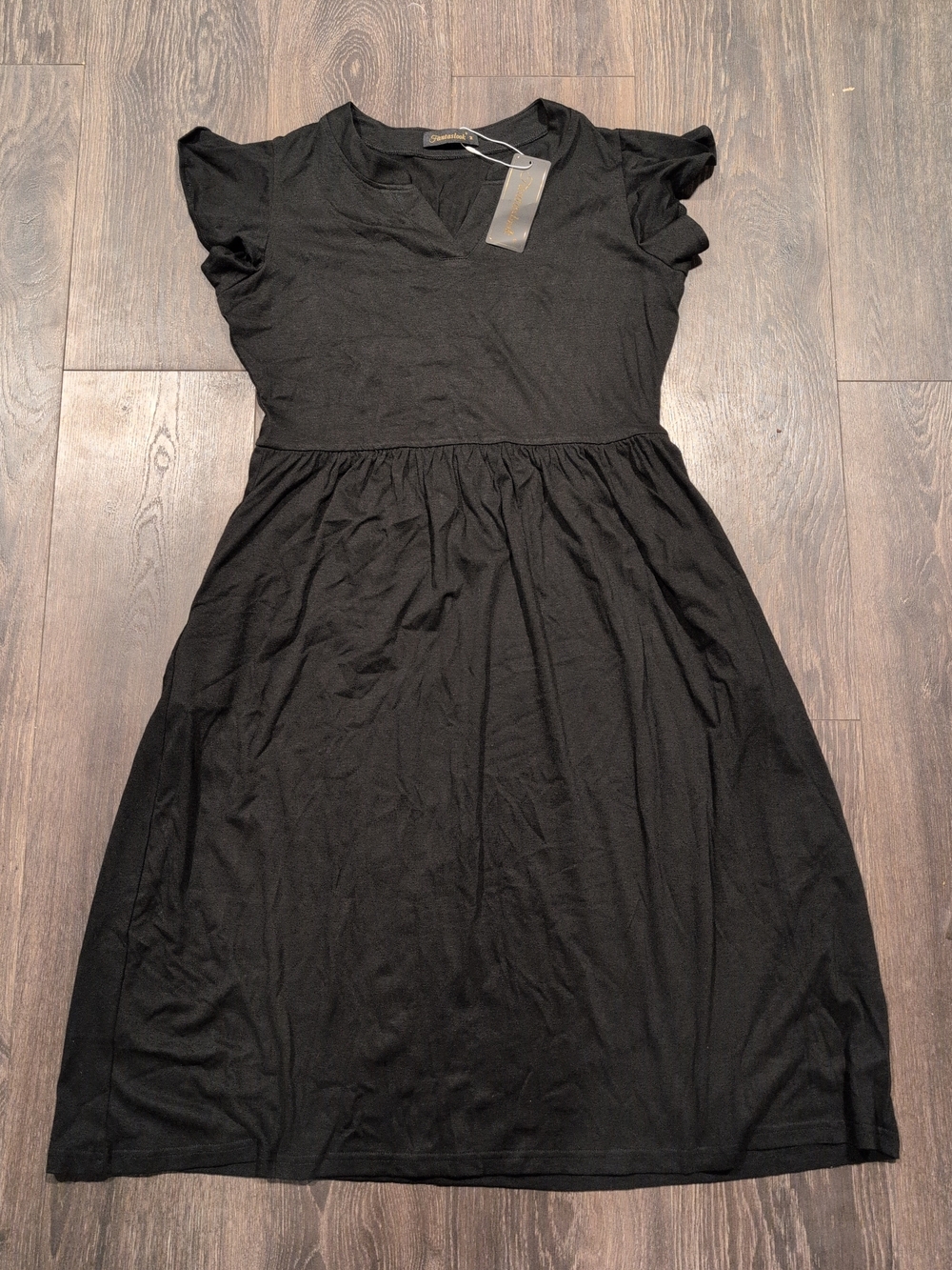 Fantaslook Womens Black Dress Ruffle Sleeve V Neck A Line Midi NET Size M NWT